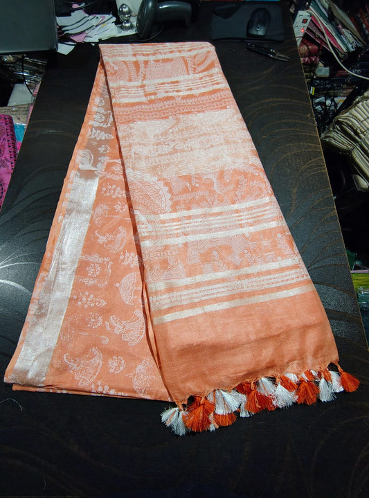 529  Handwoven Bhagalpur Silk Dupatta – Peach Orange with White Woven Motifs | Bihar Handloom