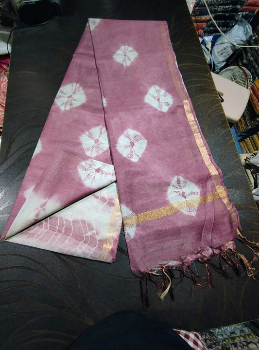 527 Handwoven Bhagalpur Silk Dupatta – Mauve with Golden Border & Tie-Dye Motifs | Bihar Handloom