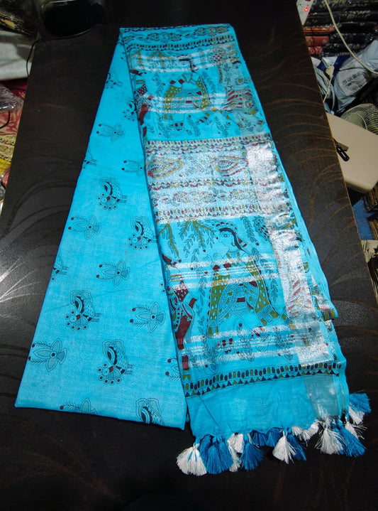 526 Handwoven Bhagalpur Silk Dupatta – Sky Blue with Madhubani-Inspired Peacock & Floral Motifs | Bihar Handloom