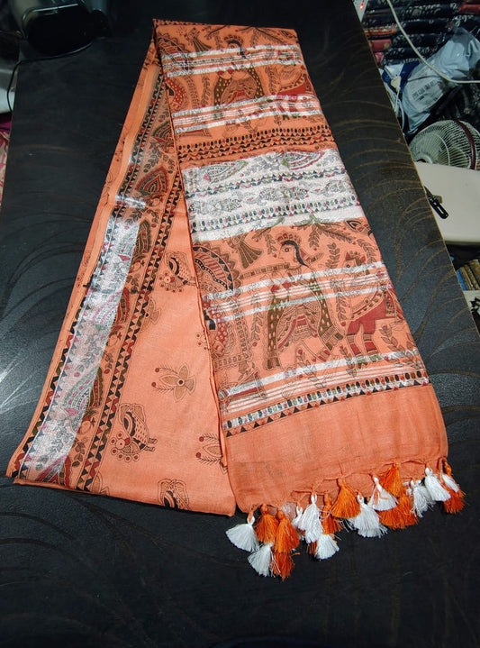523 Handwoven Bhagalpur Silk Dupatta – Terracotta Orange with Madhubani-Inspired Peacock & Floral Motifs | Bihar Handloom