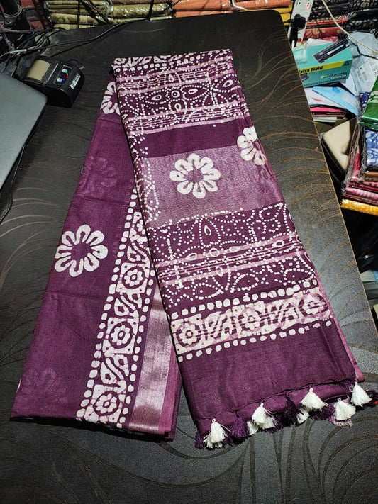 525 Handwoven Bhagalpur Silk Dupatta – Deep Purple with White Floral & Geometric Motifs | Bihar Handloom