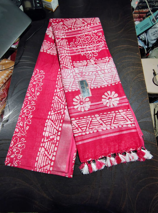 522 Handwoven Bhagalpur Silk Dupatta – Bright Pink with White Tie-Dye Floral & Geometric Motifs | Bihar Handloom
