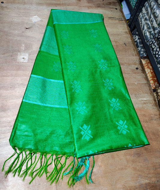519 Handwoven Bhagalpur Silk Dupatta – Emerald Green with Self-Woven Geometric Motifs | Bihar Handloom
