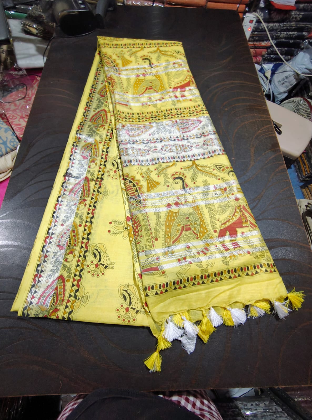 516  Handwoven Bhagalpur Silk Dupatta – Yellow with Madhubani-Inspired Peacock & Floral Motifs | Bihar Handloom