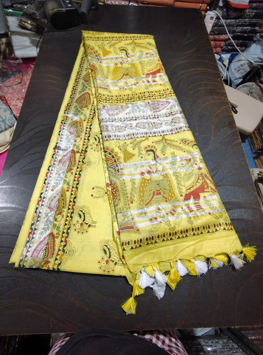516  Handwoven Bhagalpur Silk Dupatta – Yellow with Madhubani-Inspired Peacock & Floral Motifs | Bihar Handloom