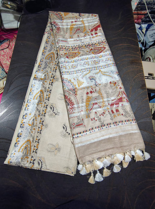 517 Handwoven Bhagalpur Silk Dupatta – Beige with Madhubani-Inspired Elephant & Peacock Motifs | Bihar Handloom