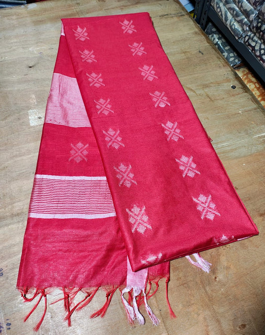 515  Handwoven Bhagalpur Silk Dupatta – Elegant Red with Traditional Woven Motifs | Bihar Handloom