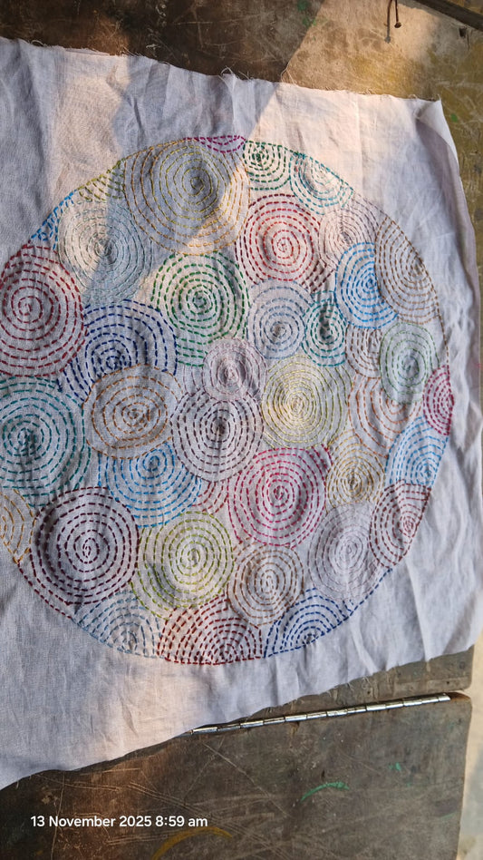 423 Handmade Madhubani Embroidered Table Mat – Multicolor Spiral Motifs | Bihar Handicraft