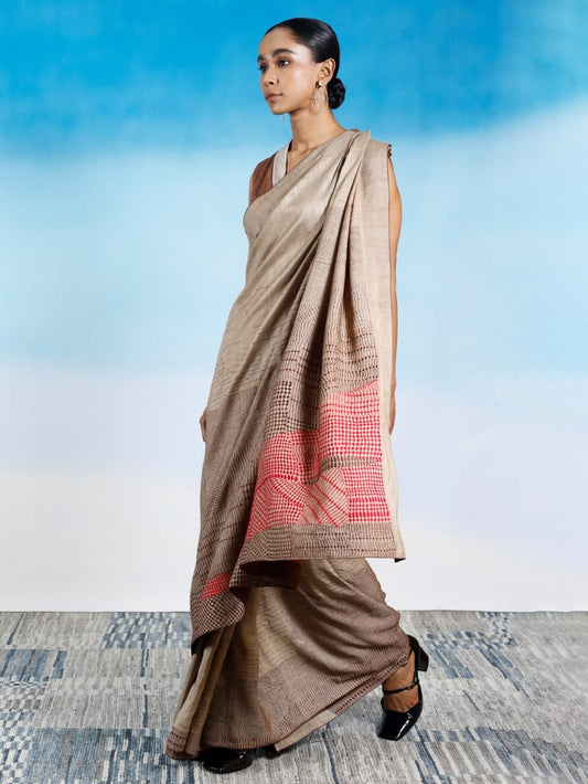 422  Handmade Madhubani Painting Silk Saree – Beige with Red Geometric Motifs | Bihar Handicraft