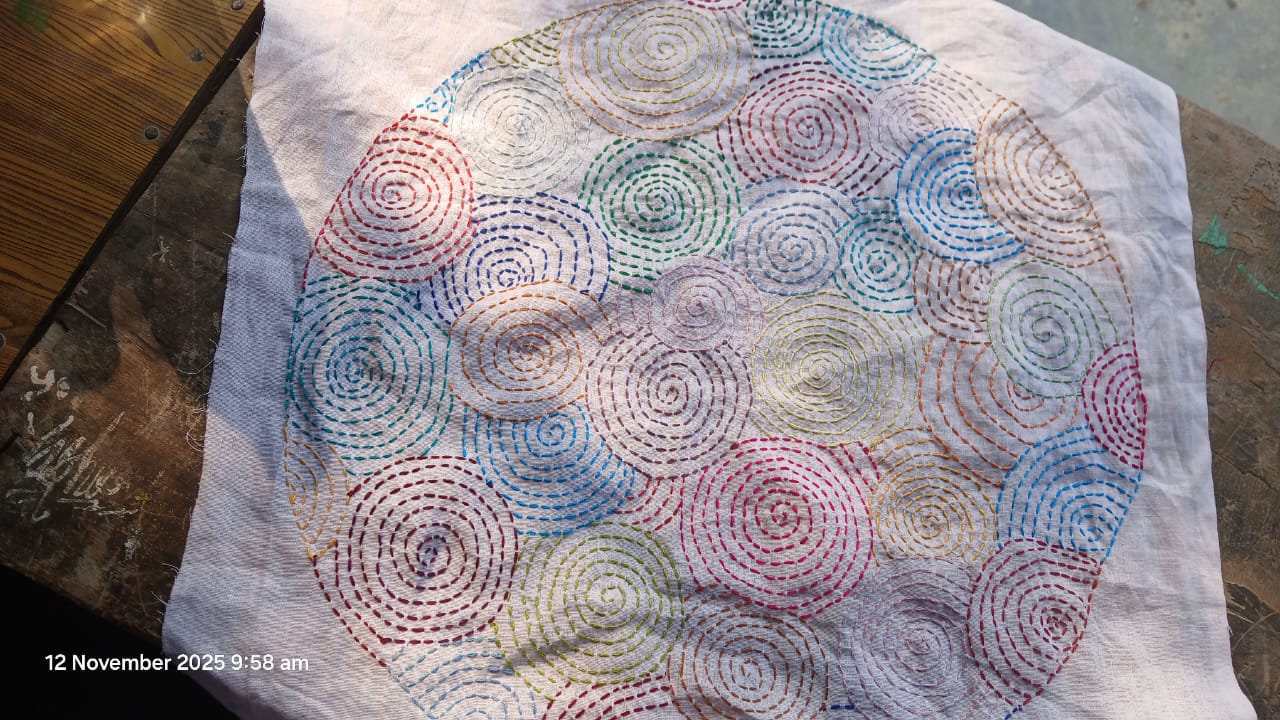 418 Handcrafted Sujini Embroidery Wall Art – Multicolor Spiral Motifs on Cotton Fabric | Bihar Handloom