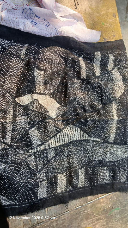 419  Handcrafted Sujini Embroidery Dupatta – Black with White Abstract Patchwork Design | Bihar Handloom