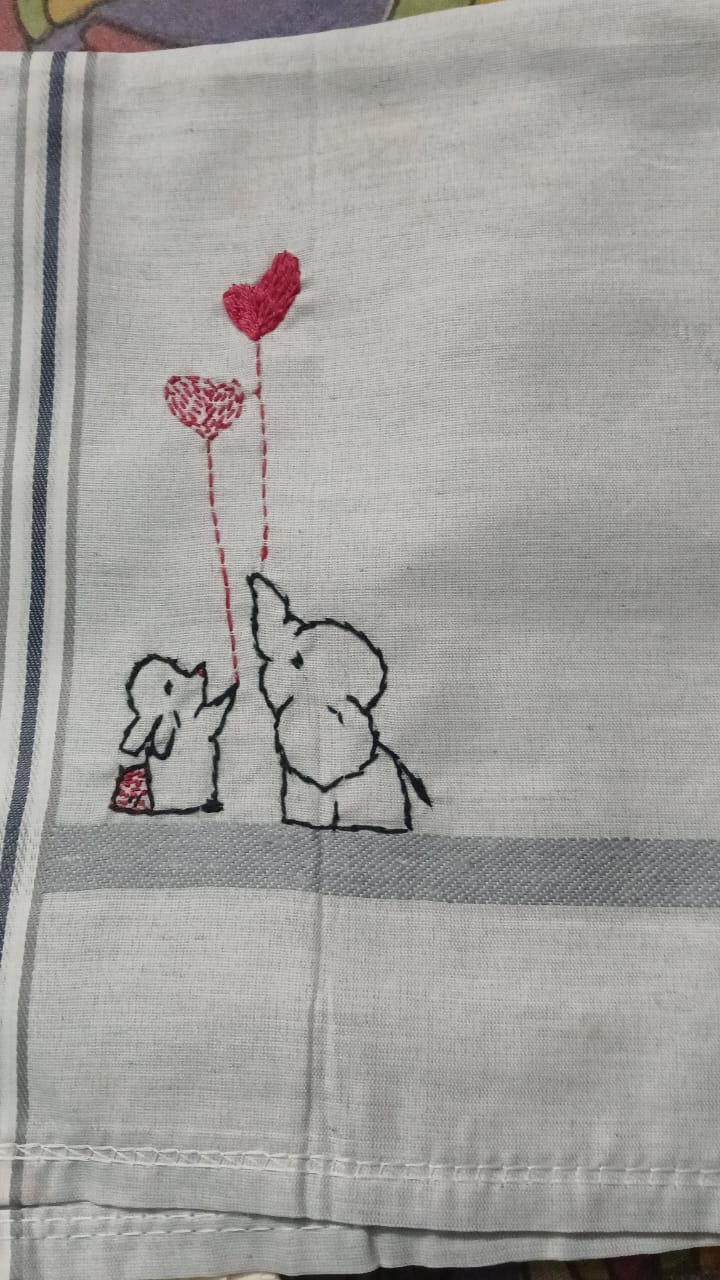 417 Handcrafted Sujini Embroidery Handkerchief – Cute Elephant Motif with Heart Balloons | Bihar Handloom