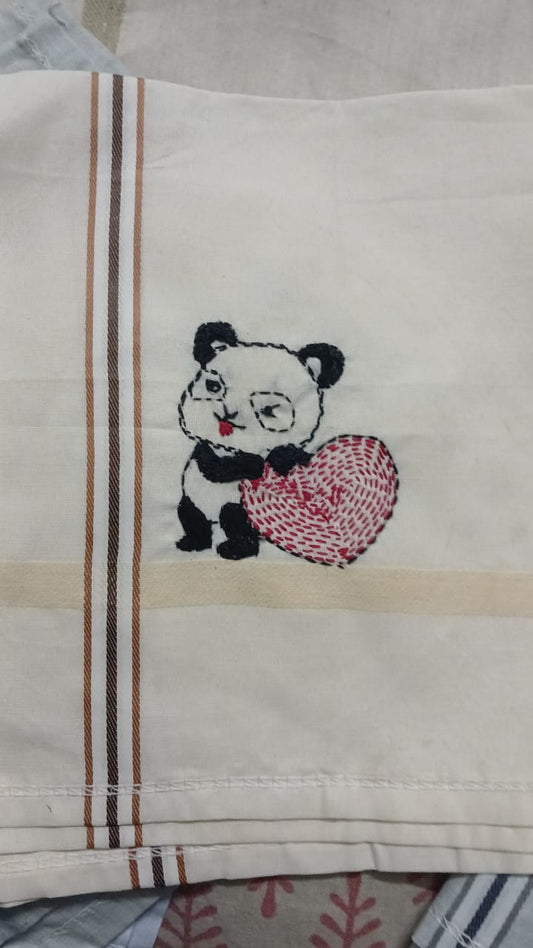 416 Handcrafted Sujini Embroidery Handkerchief – Cute Panda Motif with Heart Design | Bihar Handloom