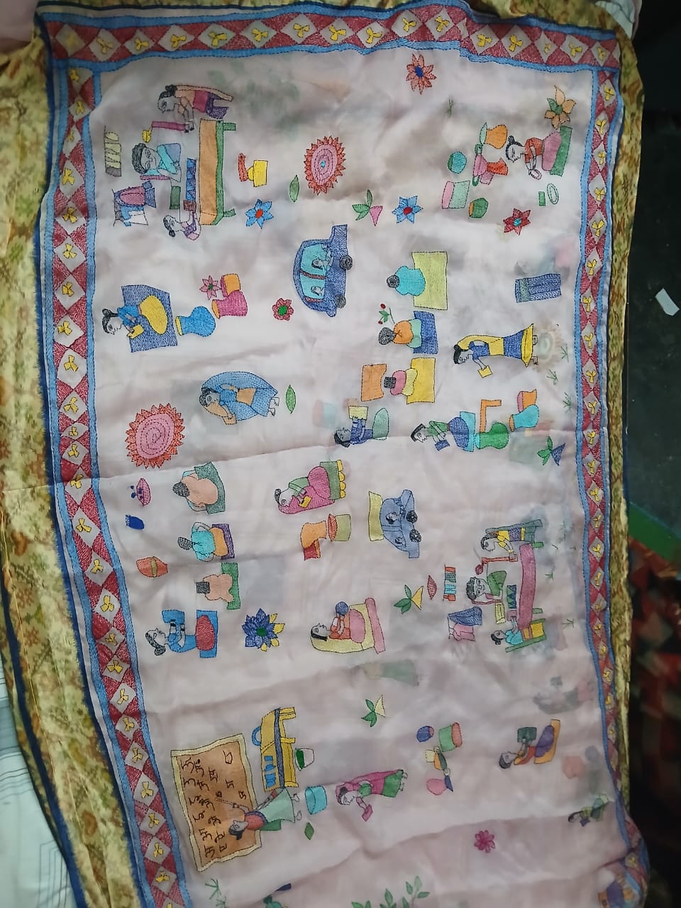 415  Handcrafted Sujini Embroidery Dupatta – Multicolor Folk Art Storytelling Design | Bihar Handloom