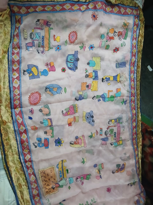 415  Handcrafted Sujini Embroidery Dupatta – Multicolor Folk Art Storytelling Design | Bihar Handloom