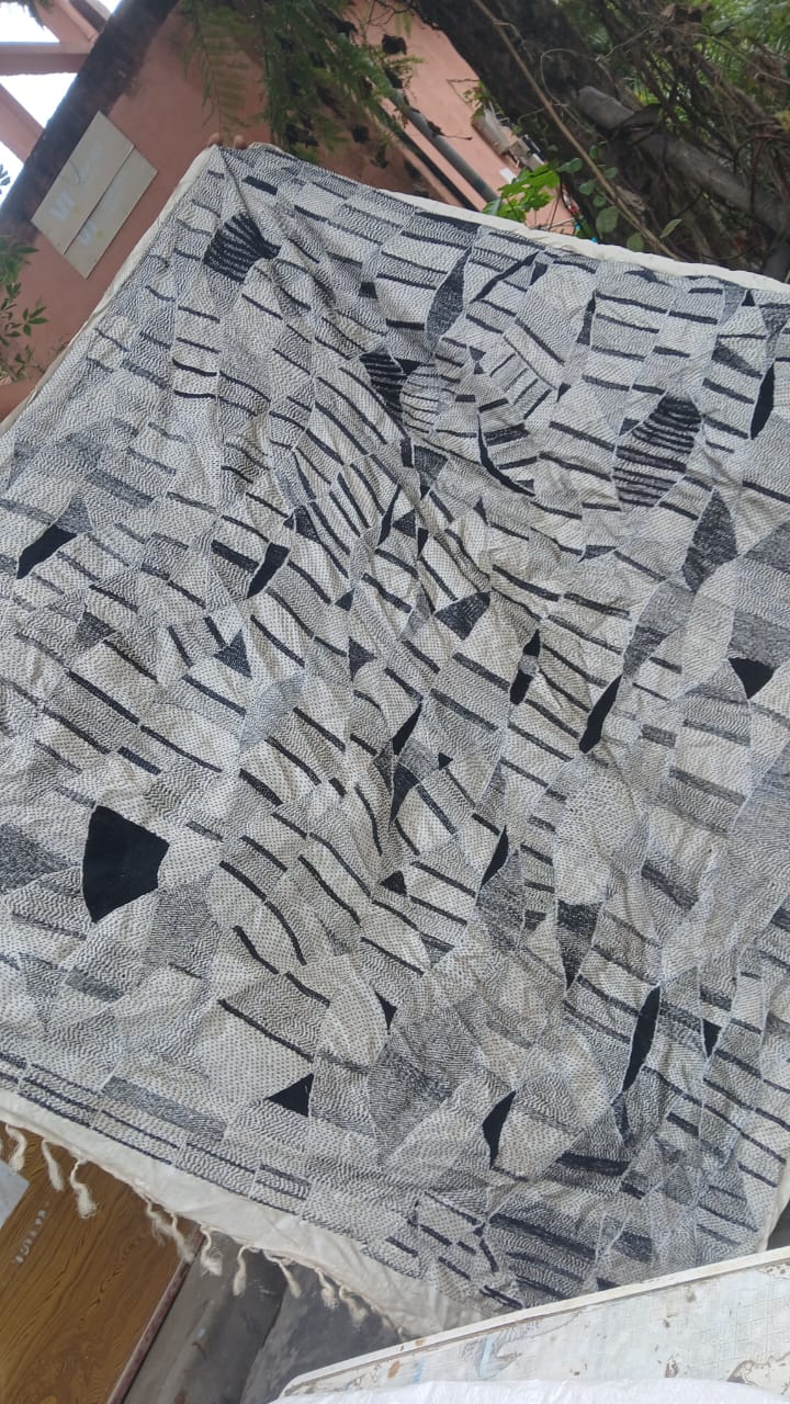 412Handcrafted Sujini Embroidery Bedspread – Black & White Abstract Patchwork Design | Bihar Handloom
