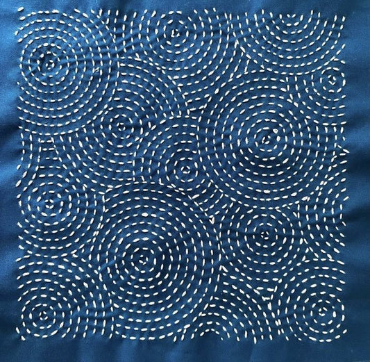 413 Handcrafted Sujini Embroidery Cushion Cover – Blue Base with White Spiral Motifs | Bihar Handloom