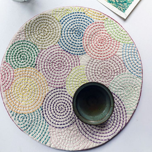 411  Handcrafted Sujini Embroidery Table Mat – Multicolor Spiral Motifs on Cotton | Bihar Handloom