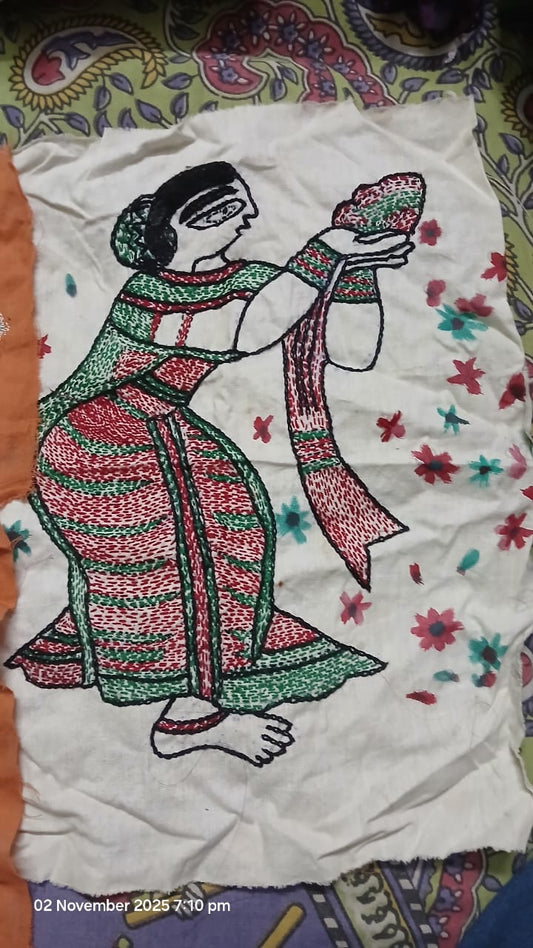 408  Handcrafted Sujini Embroidery Wall Hanging – Folk Art Woman Motif on Cotton Fabric | Bihar Handloom