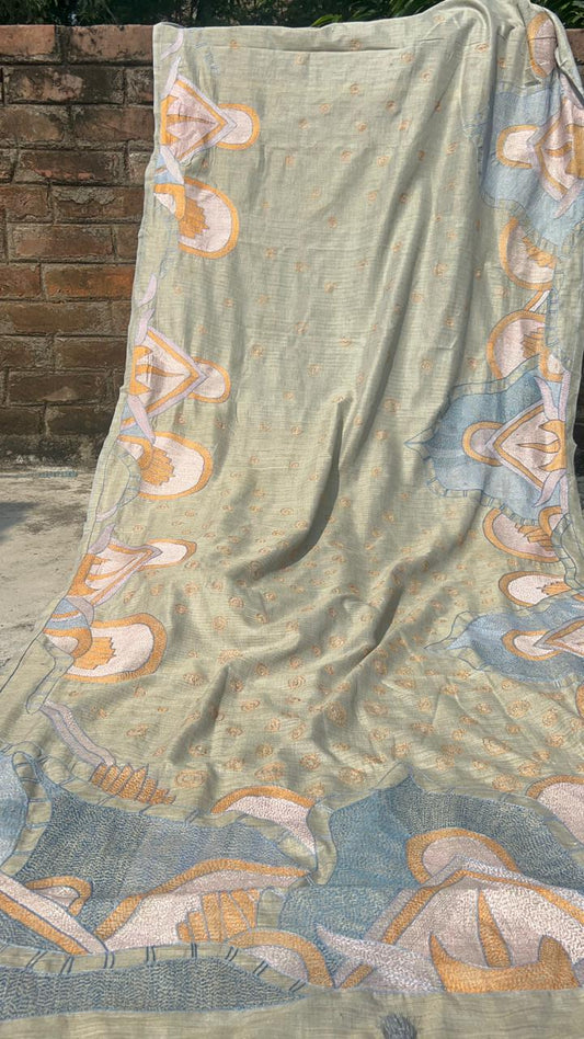 409 Handcrafted Sujini Embroidery Saree – Beige Base with Multicolor Folk Art Motifs | Bihar Handloom