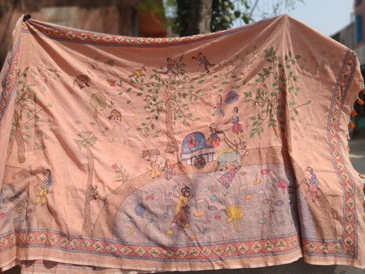 406 Handcrafted Sujini Embroidery Wall Hanging – Village Life Storytelling Design on Peach Cotton | Bihar Handloom