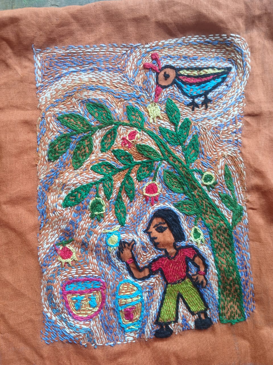 404  Handcrafted Sujini Embroidery Wall Hanging – Village Life Motif on Brown Cotton | Bihar Handloom