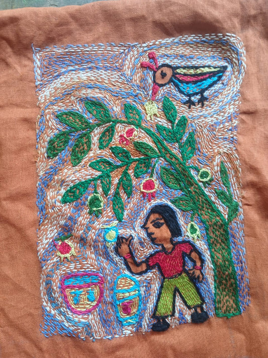 404  Handcrafted Sujini Embroidery Wall Hanging – Village Life Motif on Brown Cotton | Bihar Handloom