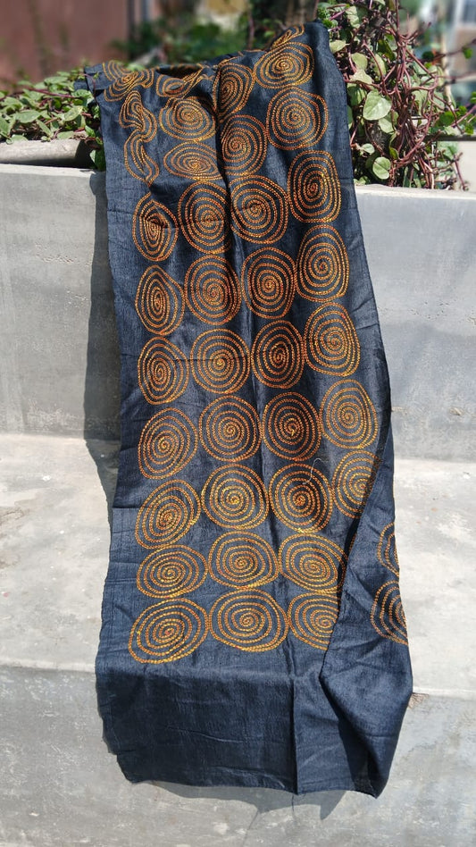 401 Handcrafted Sujini Embroidery Dupatta – Black with Golden Spiral Motifs | Bihar Handloom