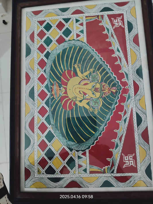 Handcrafted Manjusha Painting – Lord Ganesha Motif with Traditional Geometric Borders | Bihar Folk Art