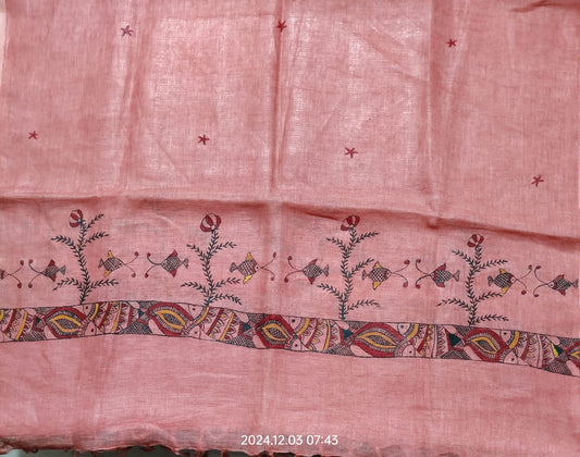 Handcrafted Manjusha Painting Saree – Pink Base with Fish & Floral Motifs | Bihar Folk Art