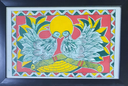 Handcrafted Manjusha Painting – Love Birds Folk Art on Framed Canvas | Bihar Traditional Art
