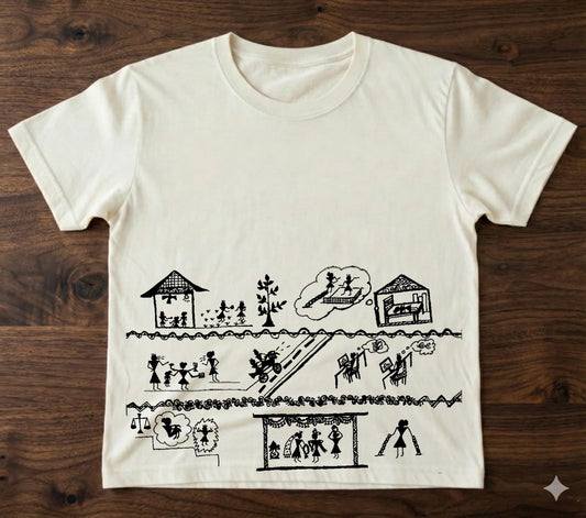 613Handcrafted Bastar-Inspired Art Women's T-Shirt – Tribal Daily Life Story Design on Premium Cotton | Unique Ethnic Wear